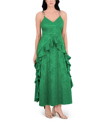 SIENA Satin Jacquard V Neck Sleeveless Chain Straps Ruffle A-Line Maxi Dress