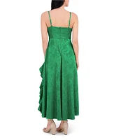 SIENA Satin Jacquard V Neck Sleeveless Chain Straps Ruffle A-Line Maxi Dress