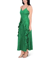 SIENA Satin Jacquard V Neck Sleeveless Chain Straps Ruffle A-Line Maxi Dress