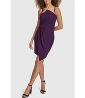 SIENA Scuba Crepe Off-The-Shoulder Asymmetrical Neck Sleeveless Wrap Mini Dress