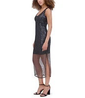 SIENA Sequin Mesh Knit Scoop Neck Sleeveless Wide Strap Side Slit Hem Sheath Dress