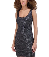 SIENA Sequin Mesh Knit Scoop Neck Sleeveless Wide Strap Side Slit Hem Sheath Dress