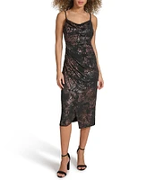 SIENA Shimmer Knit Leopard Print Cowl Neck Sleeveless Faux Wrap Asymmetrical Hem Midi Dress