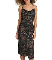 SIENA Shimmer Knit Leopard Print Cowl Neck Sleeveless Faux Wrap Asymmetrical Hem Midi Dress