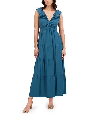 SIENA Shirred V-neck Sleeveless Smocked Top Woven Tiered Maxi Dress