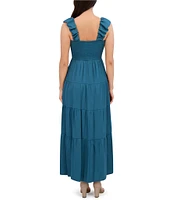 SIENA Shirred V-neck Sleeveless Smocked Top Woven Tiered Maxi Dress