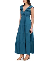 SIENA Shirred V-neck Sleeveless Smocked Top Woven Tiered Maxi Dress