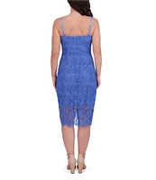 SIENA Solid Heavy Lace Knit V-Neck Sleeveless Spaghetti Straps Sheath Dress