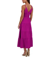 SIENA Solid Stretch Cotton Blend Plunge V-Neck Sleeveless Tiered Hem A-Line Maxi Dress