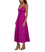 SIENA Solid Stretch Cotton Blend Plunge V-Neck Sleeveless Tiered Hem A-Line Maxi Dress
