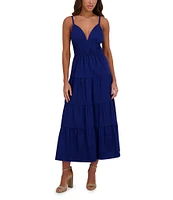 SIENA Solid Stretch Cotton Blend Plunge V-Neck Sleeveless Tiered Hem A-Line Maxi Dress