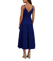 SIENA Solid Stretch Cotton Blend Plunge V-Neck Sleeveless Tiered Hem A-Line Maxi Dress