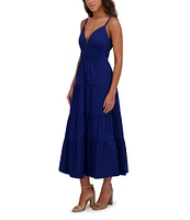 SIENA Solid Stretch Cotton Blend Plunge V-Neck Sleeveless Tiered Hem A-Line Maxi Dress