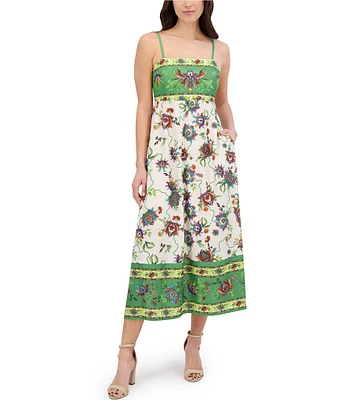 SIENA Square Neck Sleeveless Floral Print Woven Smocked Back Midi Dress