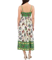 SIENA Square Neck Sleeveless Floral Print Woven Smocked Back Midi Dress