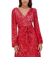 SIENA Stripe Sequin Mesh V-Neck Blouson Sleeve Tulip Hem A-Line Midi Dress