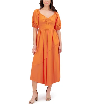 SIENA Sweetheart Neck Short Sleeve Stretch Woven Smocked Back Midi Dress