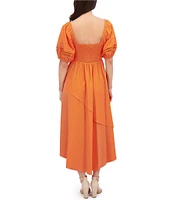 SIENA Sweetheart Neck Short Sleeve Stretch Woven Smocked Back Midi Dress