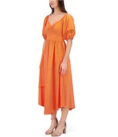 SIENA Sweetheart Neck Short Sleeve Stretch Woven Smocked Back Midi Dress