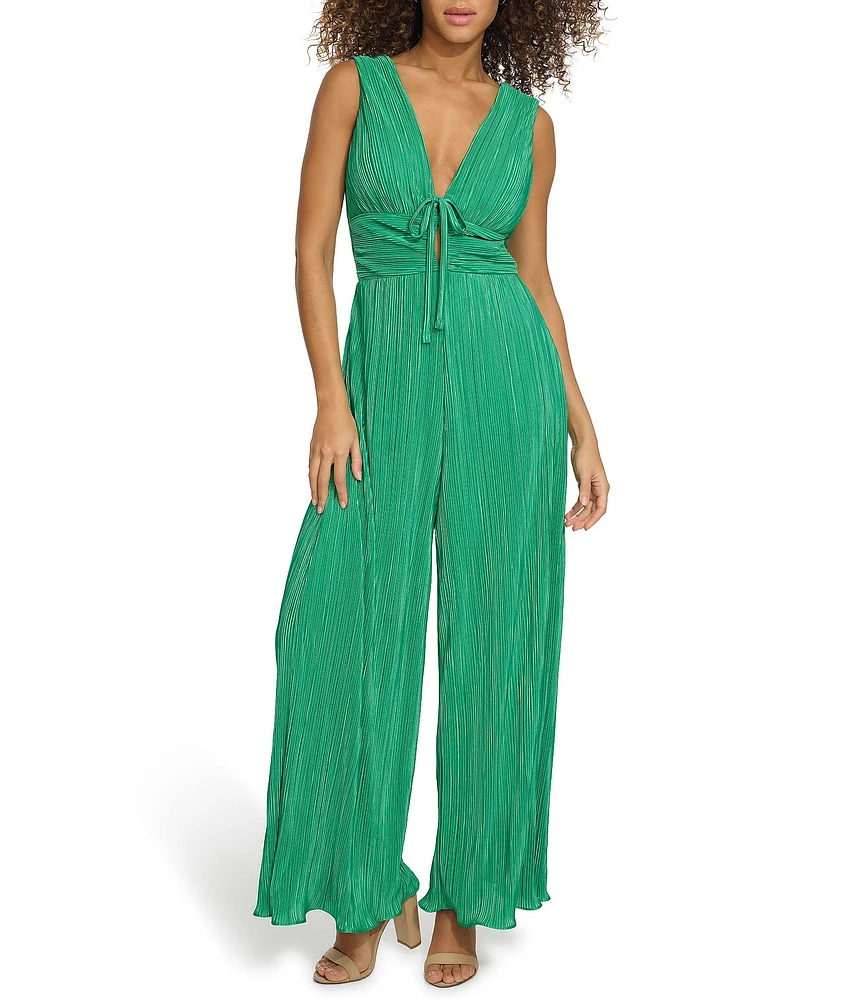 SIENA Textured Knit Deep V-Neck Sleeveless Tie Front Wide Leg Jumpsuit