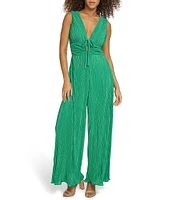 SIENA Textured Knit Deep V-Neck Sleeveless Tie Front Wide Leg Jumpsuit