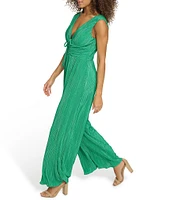 SIENA Textured Knit Deep V-Neck Sleeveless Tie Front Wide Leg Jumpsuit