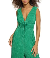 SIENA Textured Knit Deep V-Neck Sleeveless Tie Front Wide Leg Jumpsuit