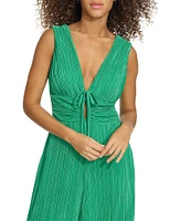 SIENA Textured Knit Deep V-Neck Sleeveless Tie Front Wide Leg Jumpsuit