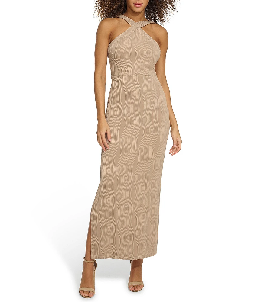 SIENA Textured Knit Halter Neck Sleeveless Side Slit Maxi Dress