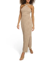 SIENA Textured Knit Halter Neck Sleeveless Side Slit Maxi Dress