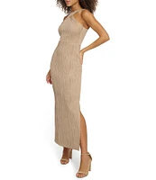 SIENA Textured Knit Halter Neck Sleeveless Side Slit Maxi Dress