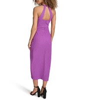 SIENA Textured Knit V-Neck Sleeveless O-Ring Wrap Tulip Hem Midi Dress