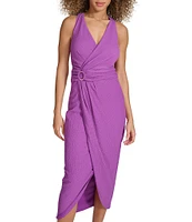 SIENA Textured Knit V-Neck Sleeveless O-Ring Wrap Tulip Hem Midi Dress