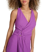 SIENA Textured Knit V-Neck Sleeveless O-Ring Wrap Tulip Hem Midi Dress