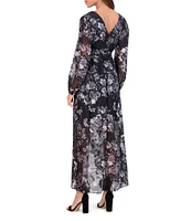 SIENA V-Neck Long Sleeves Floral Print Chiffon Faux Wrap Midi Dress