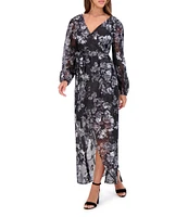 SIENA V-Neck Long Sleeves Floral Print Chiffon Faux Wrap Midi Dress