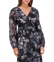 SIENA V-Neck Long Sleeves Floral Print Chiffon Faux Wrap Midi Dress