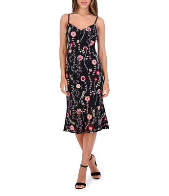 SIENA V-Neck Spaghetti Strap Floral Embroidered Lace Sheath Ruffle Hem Midi Dress
