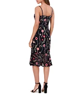 SIENA V-Neck Spaghetti Strap Floral Embroidered Lace Sheath Ruffle Hem Midi Dress