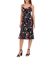 SIENA V-Neck Spaghetti Strap Floral Embroidered Lace Sheath Ruffle Hem Midi Dress