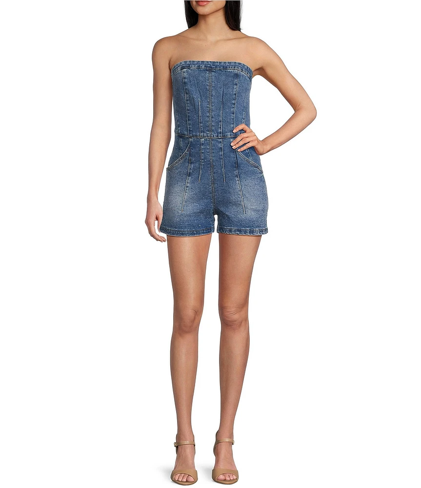 Signature 8 Strapless Denim Rhinestone Romper
