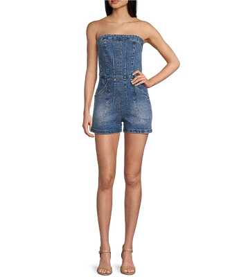 Signature 8 Strapless Denim Rhinestone Romper