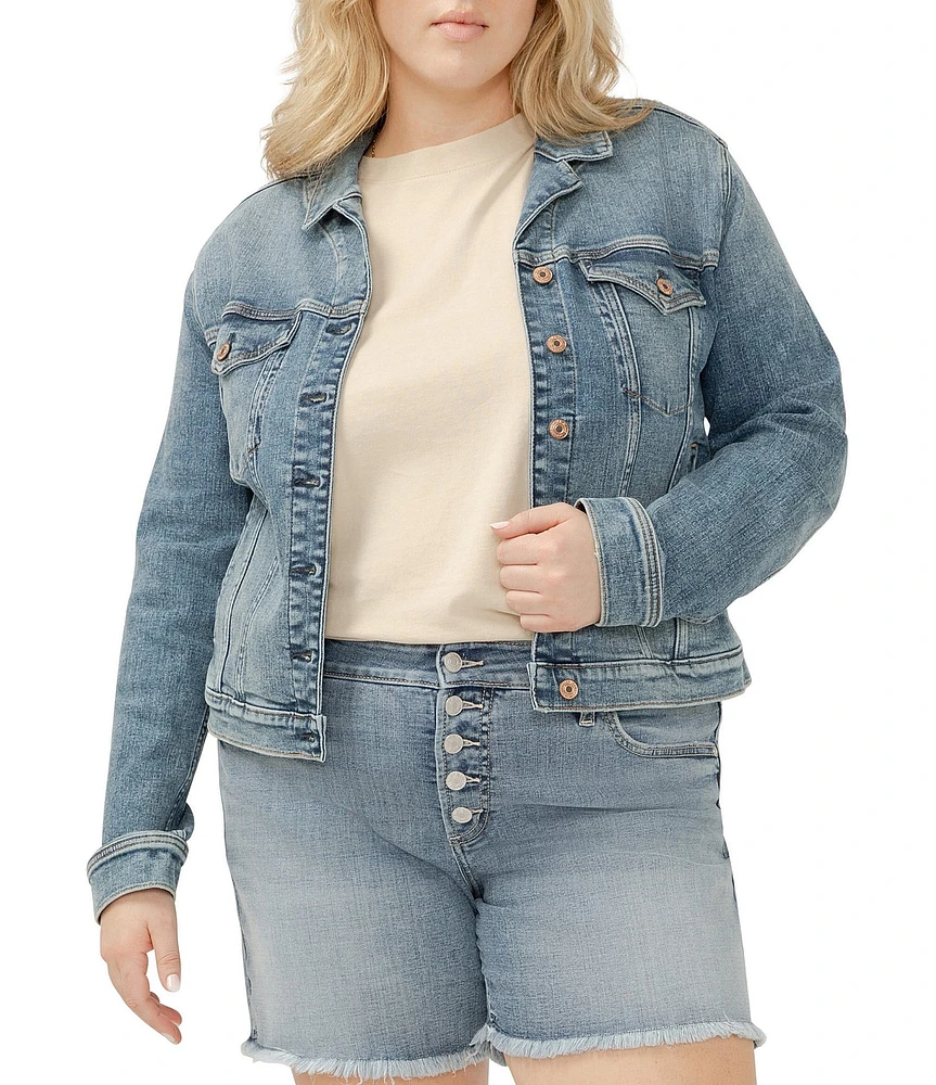 Silver Jeans Co. Plus Size Notch Collar Long Sleeve Button Front Crop Jacket