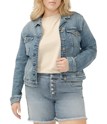Silver Jeans Co. Plus Size Notch Collar Long Sleeve Button Front Crop Jacket