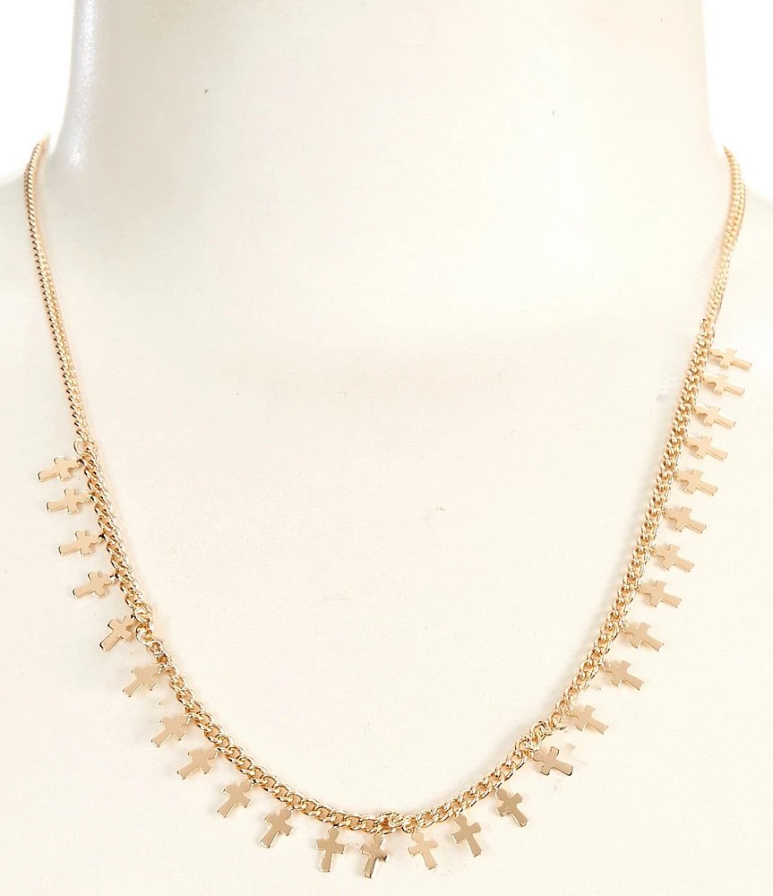 Simplicity Polished Metal Cross Charm Drop Frontal Collar Necklace