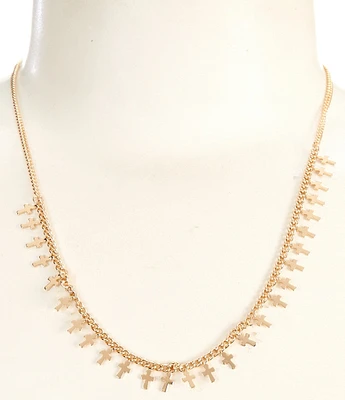 Simplicity Polished Metal Cross Charm Drop Frontal Collar Necklace
