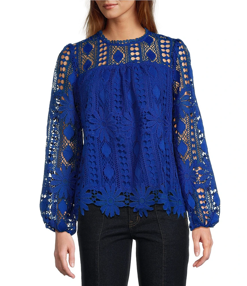 Skies Are Blue Border Lace Crew Neck Long Sleeve Top