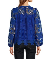 Skies Are Blue Border Lace Crew Neck Long Sleeve Top