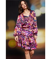 Skies Are Blue Butterfly Print Split V Neck Long Sleeve Mini Dress