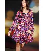 Skies Are Blue Butterfly Print Split V Neck Long Sleeve Mini Dress